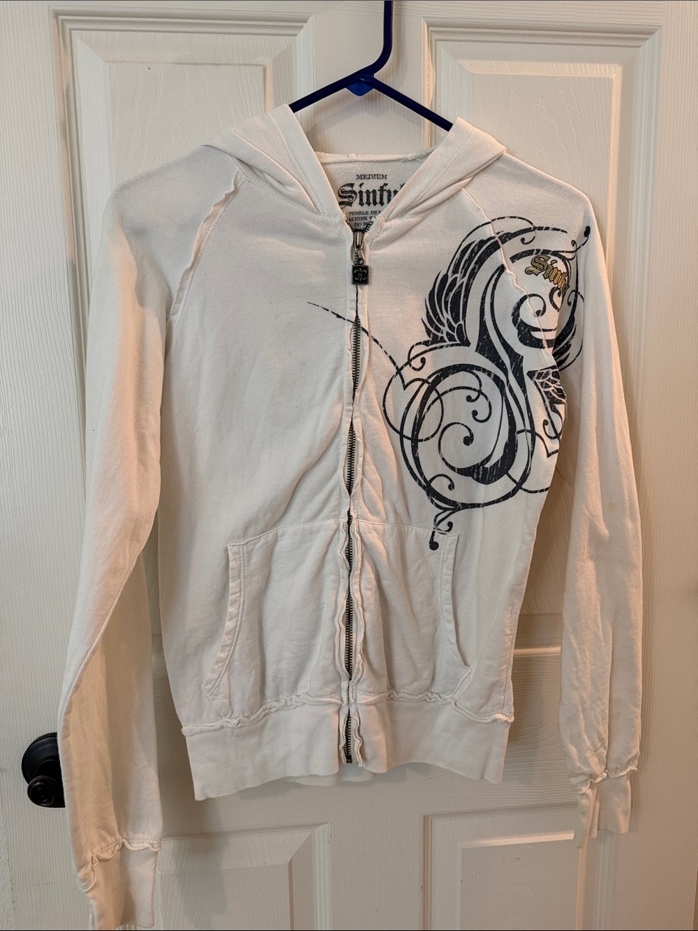 Sinful White Zip-Up Hoodie with Black Graphic